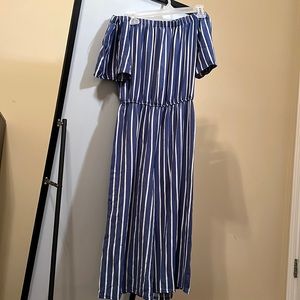 Ambience white blue striped jumpsuit romper off shoulder flare cropped leg Small